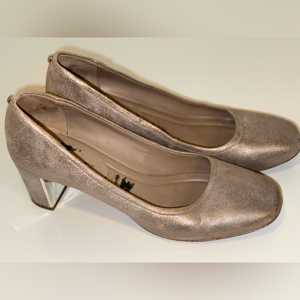 DONALD J PLINER CORIN BLOCK HEELS BRUSHED/GOLD SILVER SZ 8
